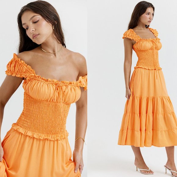 House of CB 'Phedra' Tangerine Shirred Maxi Sundress NWOT - Picture 3 of 10